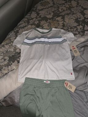 Levi's White Tee and Sage Jogger Set with Navy Stripe